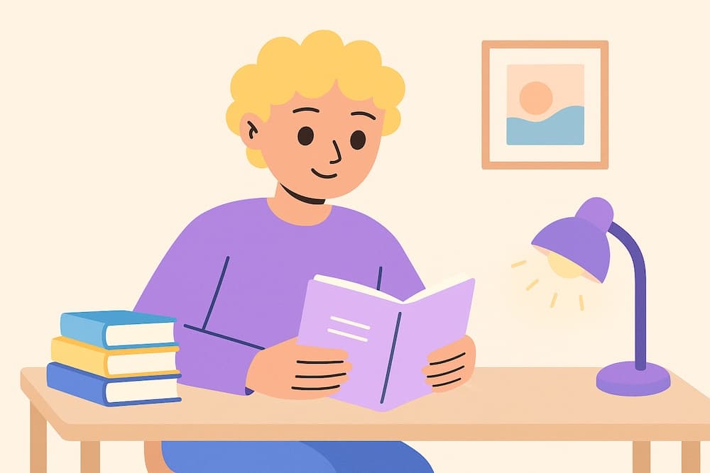 An illustration of a person focused on a book at a well-lit desk, showing how a dedicated space can improve ADHD reading.