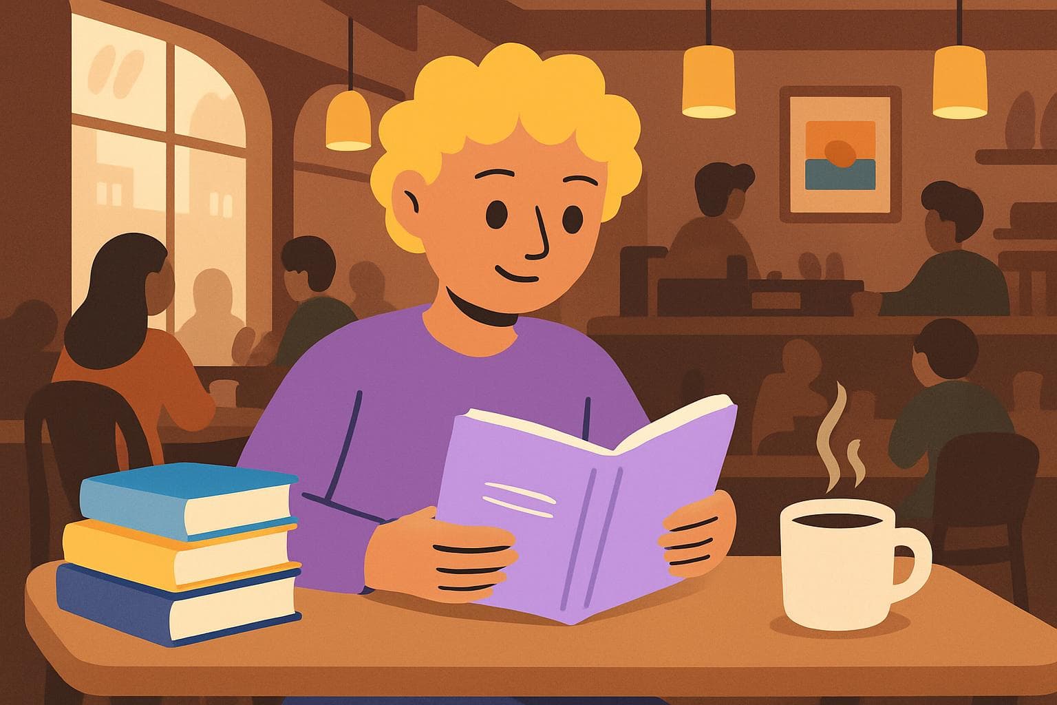 A person maintains reading focus in a bustling cafe, an example of body doubling for better ADHD reading.