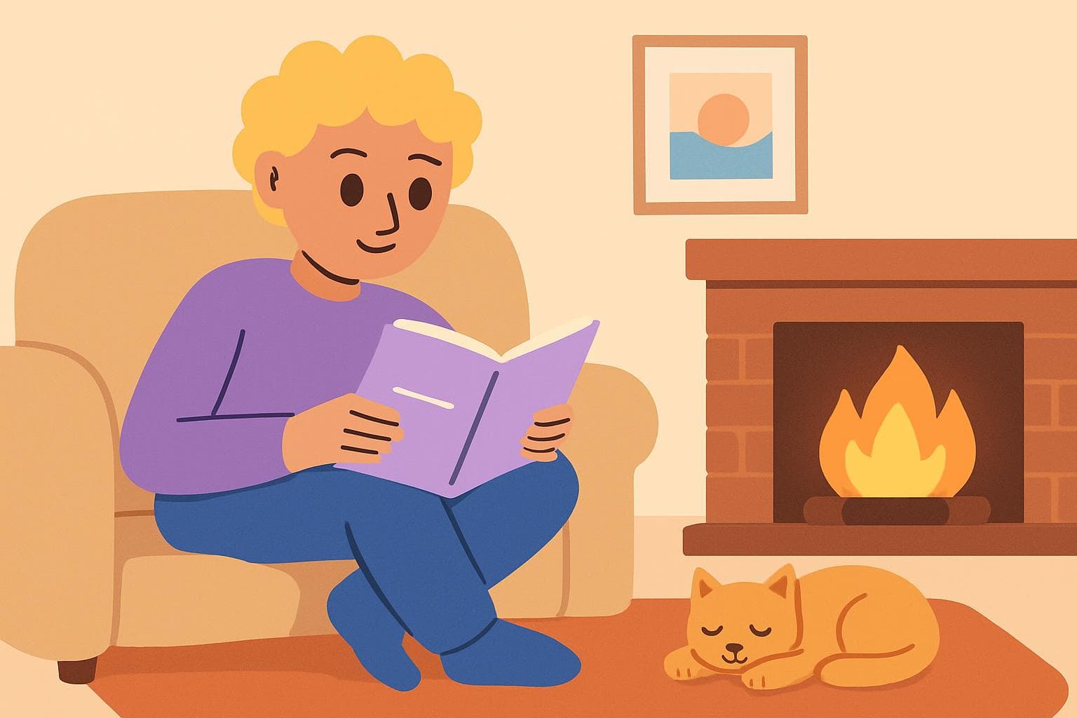 A cozy scene with a person reading by a fireplace, highlighting sensory comfort as a tool for sustained ADHD reading.