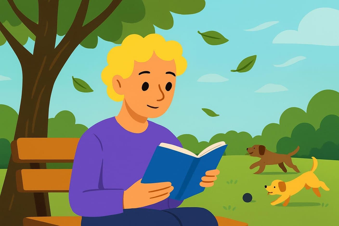 An illustration of a person successfully focusing on a book on a park bench, demonstrating a positive ADHD reading environment.