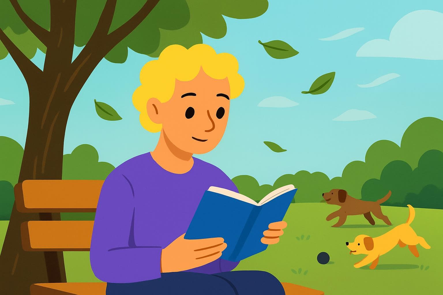 An illustration of a person successfully focusing on a book on a park bench, demonstrating a positive ADHD reading environment.