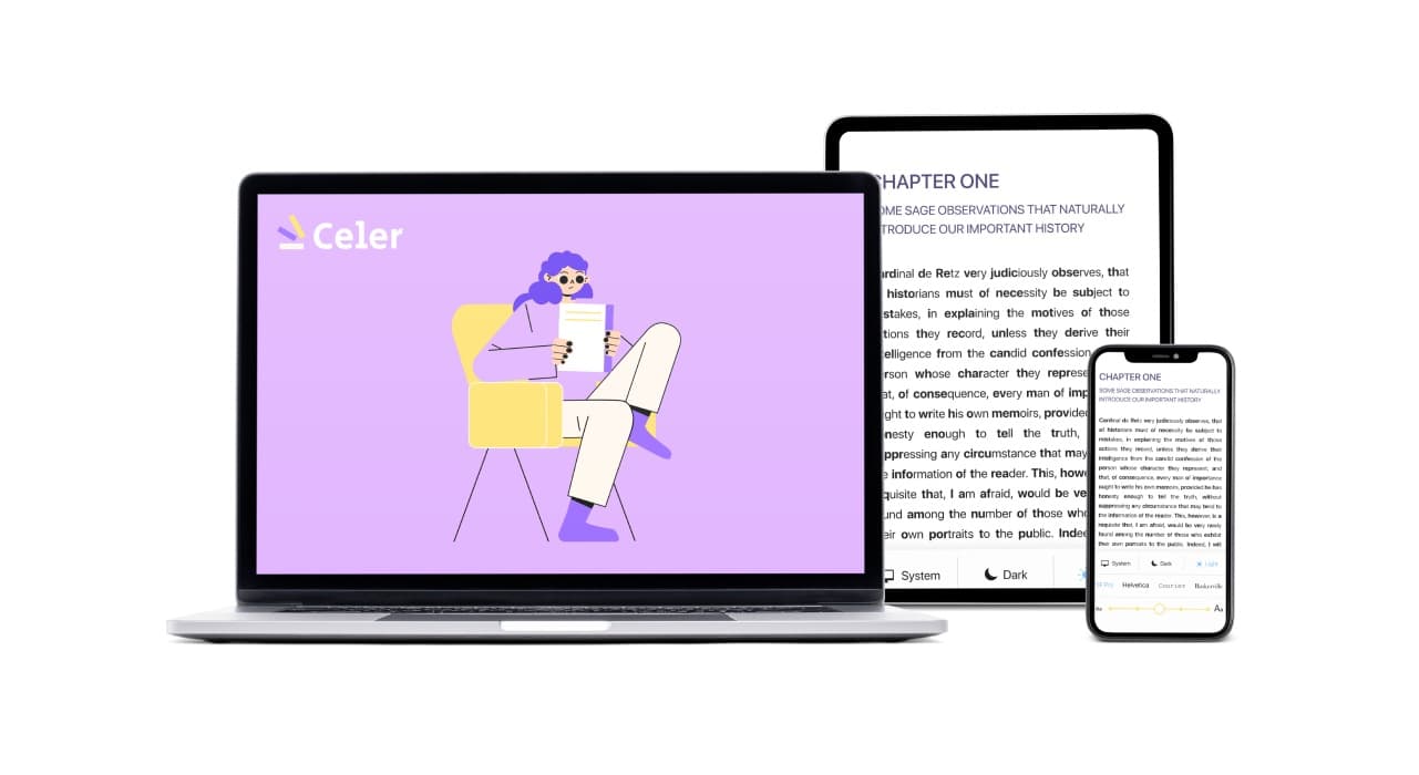 A book shown in the Celer app on a tablet and a phone, with the opening of each word emphasized in bolder type.