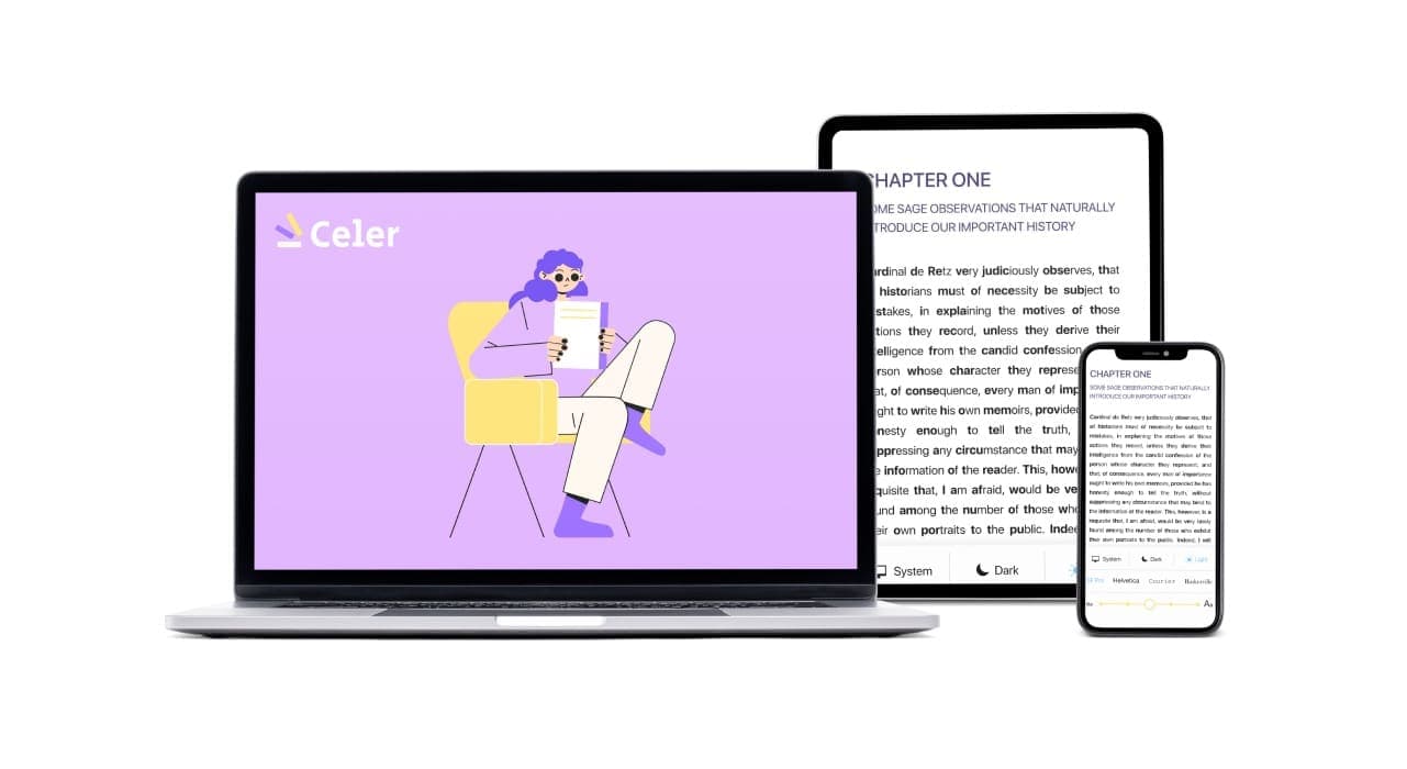 A book shown in the Celer app on a tablet and a phone, with the opening of each word emphasized in bolder type.