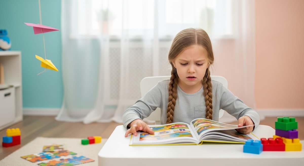 Child looking frustrated while tackling ADHD reading challenges.