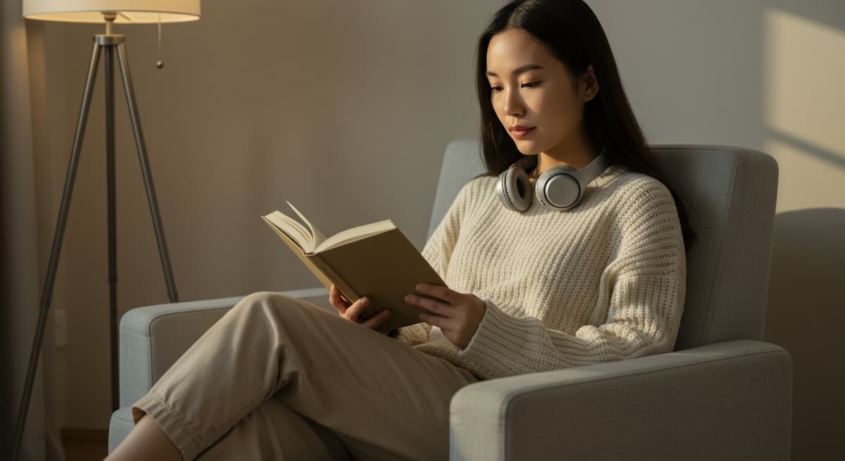 Woman with ADHD focusing on reading a book calmly